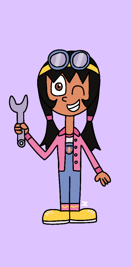 A drawing of Ginger Snap. She has brown skin, brown eyes, and black hair styled into long pigtails. She is wearing a white T-shirt with a pink collar, a pink jacket with white buttons, denim overalls that have pink cuffs with yellow strpes as well as a single pocket with a gingerbread man on it, yellow sneakers, pink hairbands, and a pair of goggles with a yellow strap, pale blue eye seal, and pale purple lenses. She is holding a pale purple wrench.